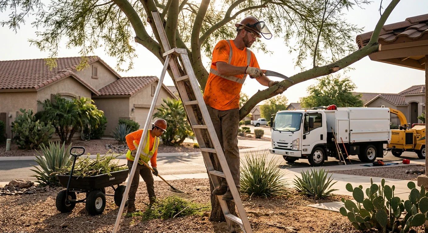 Arborist reviewing tree pruning estimate with homeowner in a Maricopa backyard