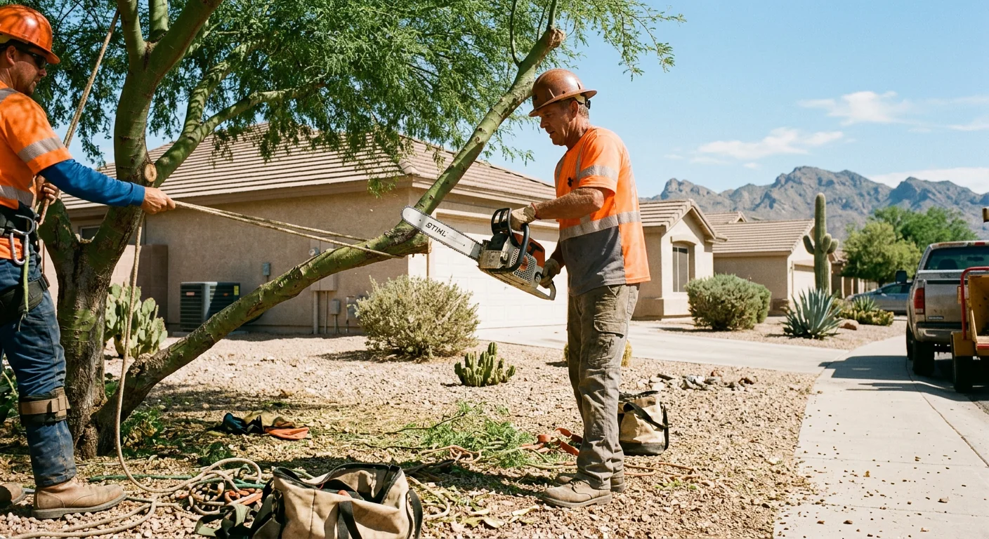 Local tree crew pruning a shade tree in a residential Maricopa neighborhood