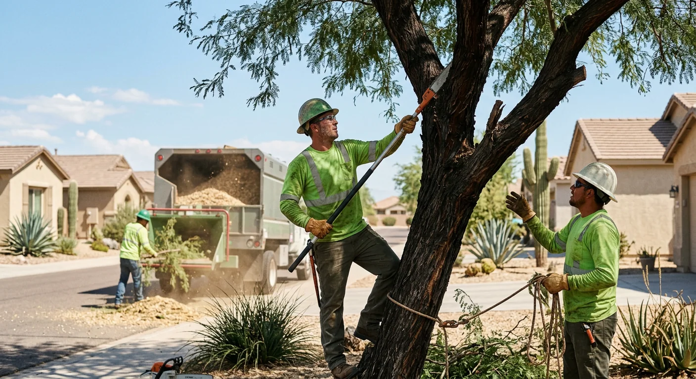 Arborist inspecting a storm-damaged desert tree in a Maricopa backyard