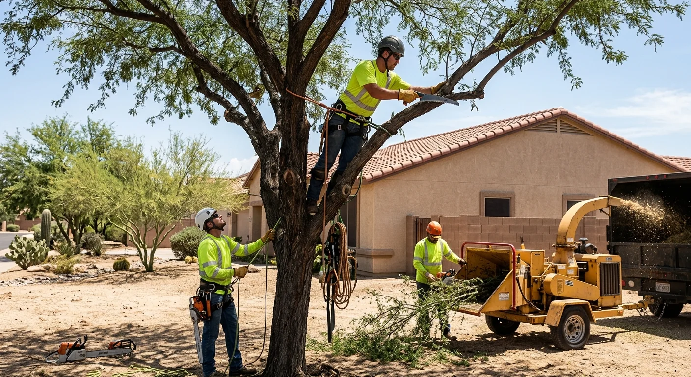 Tree service crew documenting completed pruning work in a Maricopa residential yard